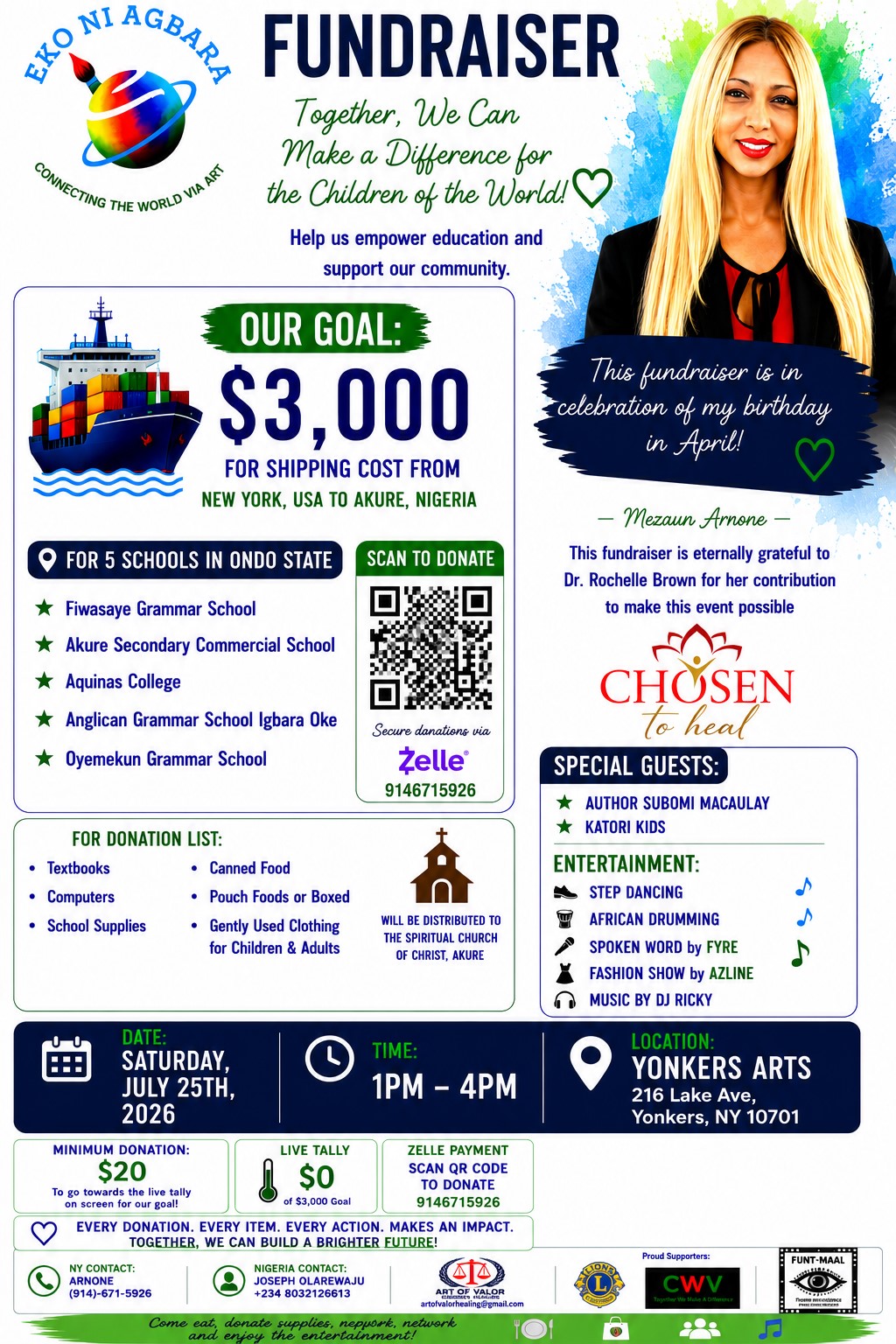 Eko ni Agbara Fundraiser — Saturday July 25th 2026, Yonkers Arts, 216 Lake Ave, Yonkers NY. Goal: $3,000 for shipping textbooks from New York to Akure, Nigeria for 5 schools in Ondo State.